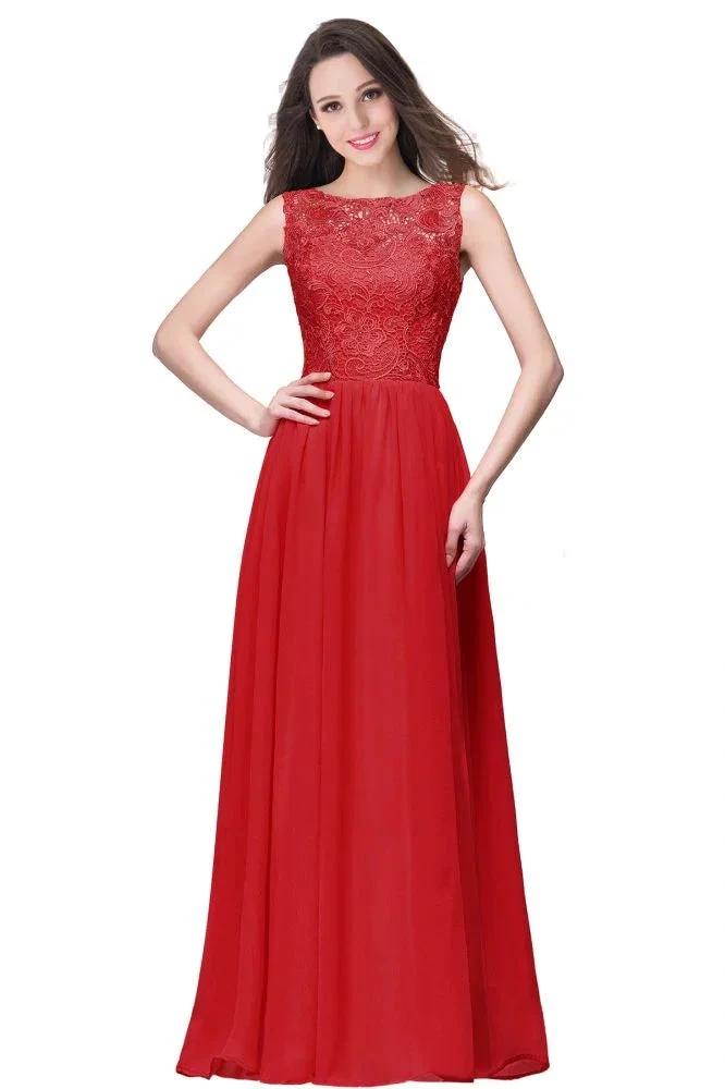 A-line Sleeveless Crew Floor-length Lace Top Chiffon Prom Dresses by misshow.com