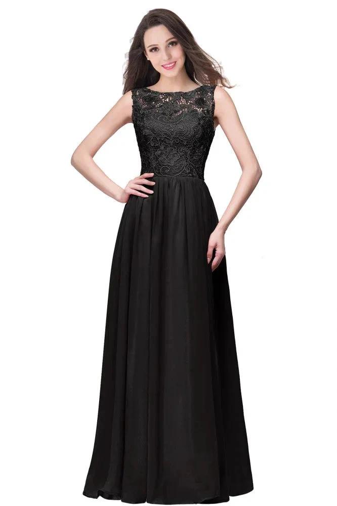 A-line Sleeveless Crew Floor-length Lace Top Chiffon Prom Dresses by misshow.com