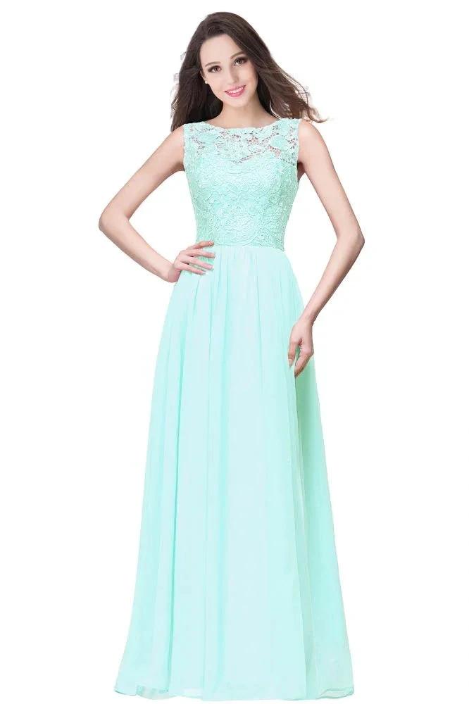 A-line Sleeveless Crew Floor-length Lace Top Chiffon Prom Dresses by misshow.com