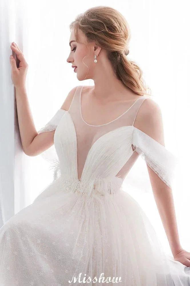 A-line Sleeveless Floor Length Lace Ivory Wedding Dress by misshow.com