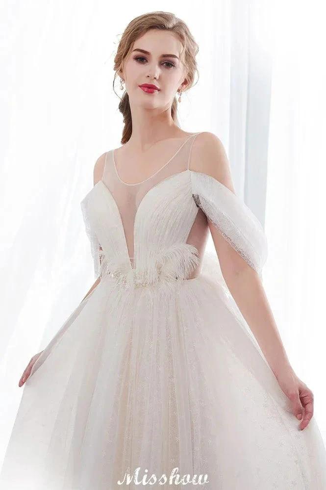 A-line Sleeveless Floor Length Lace Ivory Wedding Dress by misshow.com