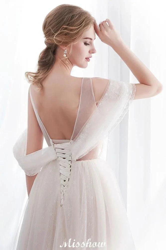 A-line Sleeveless Floor Length Lace Ivory Wedding Dress by misshow.com