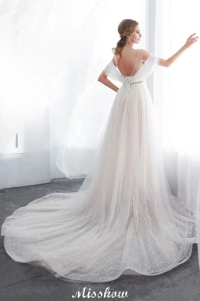 A-line Sleeveless Floor Length Lace Ivory Wedding Dress by misshow.com