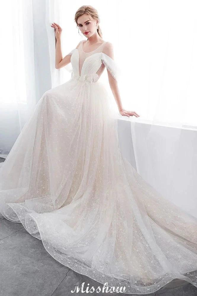 A-line Sleeveless Floor Length Lace Ivory Wedding Dress by misshow.com