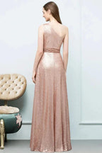A-line Sleeveless Floor Length One-shoulder Sequins Prom Dresses by misshow.com
