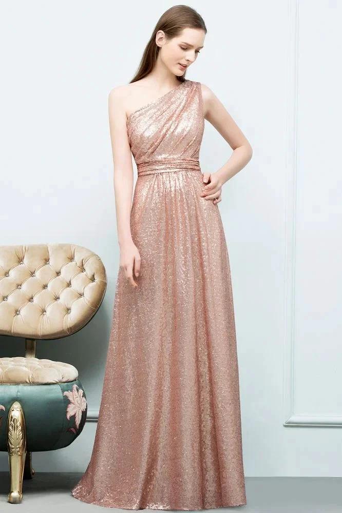 A-line Sleeveless Floor Length One-shoulder Sequins Prom Dresses by misshow.com
