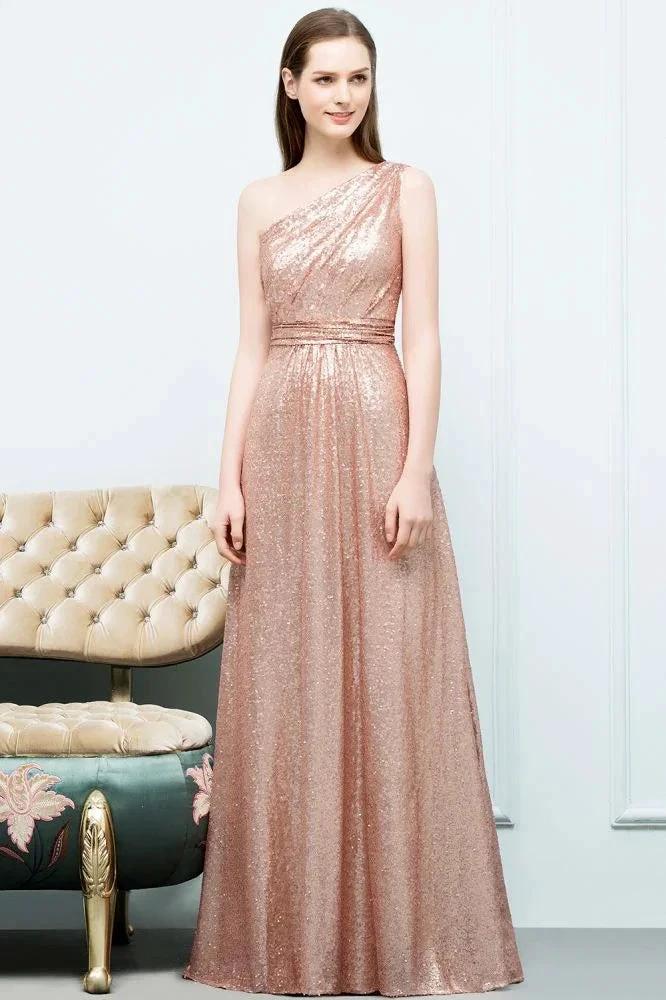 A-line Sleeveless Floor Length One-shoulder Sequins Prom Dresses by misshow.com