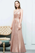 A-line Sleeveless Floor Length One-shoulder Sequins Prom Dresses by misshow.com