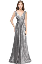 A-line Sleeveless Floor-length V-neck Sequins Prom Dresses by misshow.com