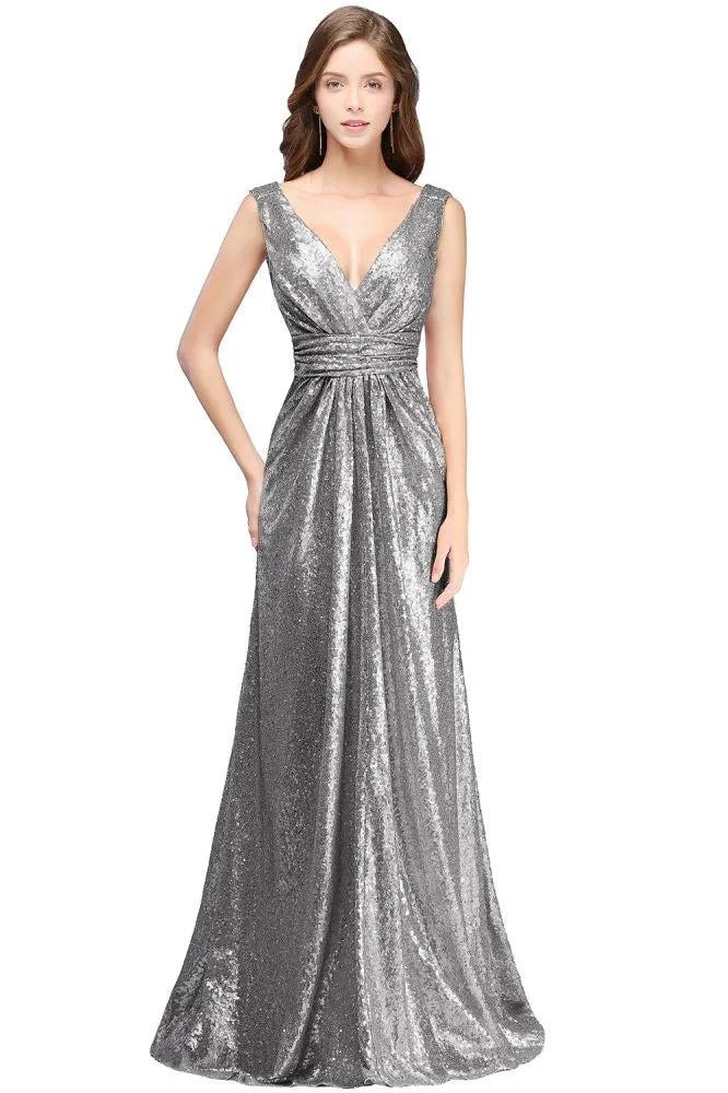 A-line Sleeveless Floor-length V-neck Sequins Prom Dresses by misshow.com