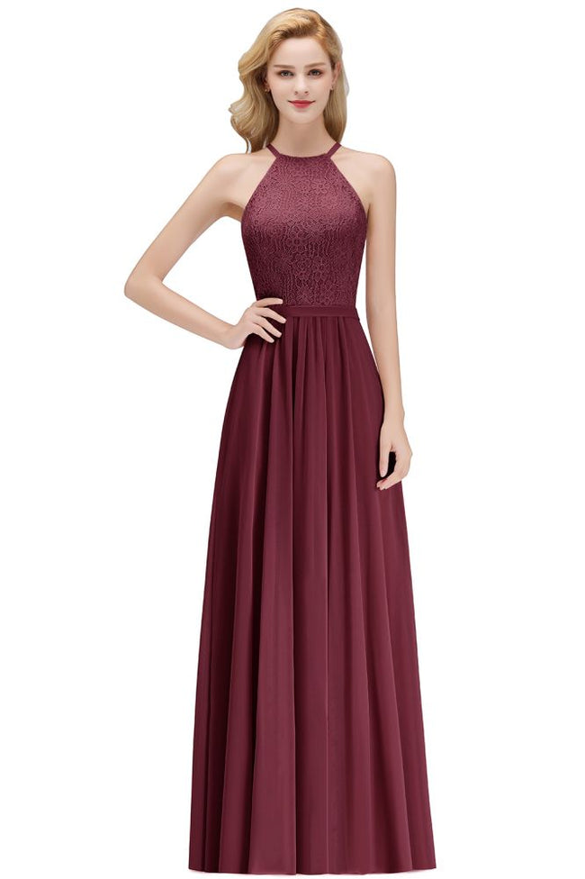 A-line Sleeveless Halter Long Lace Chiffon Bridesmaid Dress Main Image