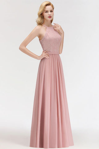 A-line Sleeveless Halter Long Lace Chiffon Bridesmaid Dress