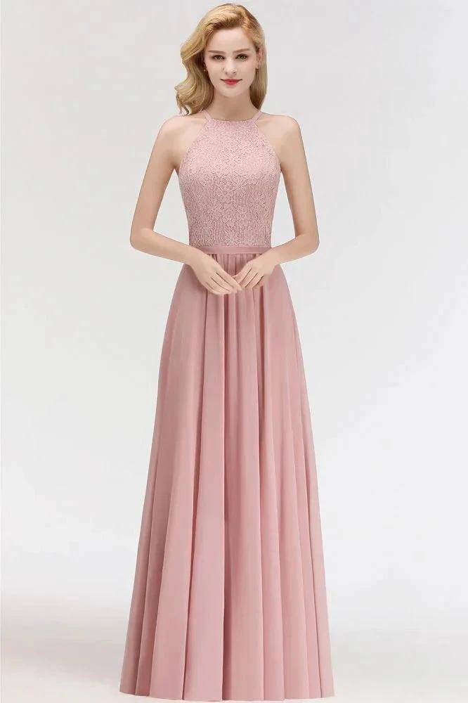 A-line Sleeveless Halter Long Lace Chiffon Bridesmaid Dress by misshow.com