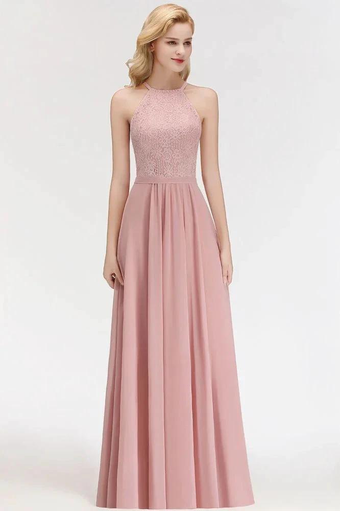 A-line Sleeveless Halter Long Lace Chiffon Bridesmaid Dress by misshow.com