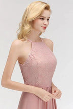 A-line Sleeveless Halter Long Lace Chiffon Bridesmaid Dress by misshow.com