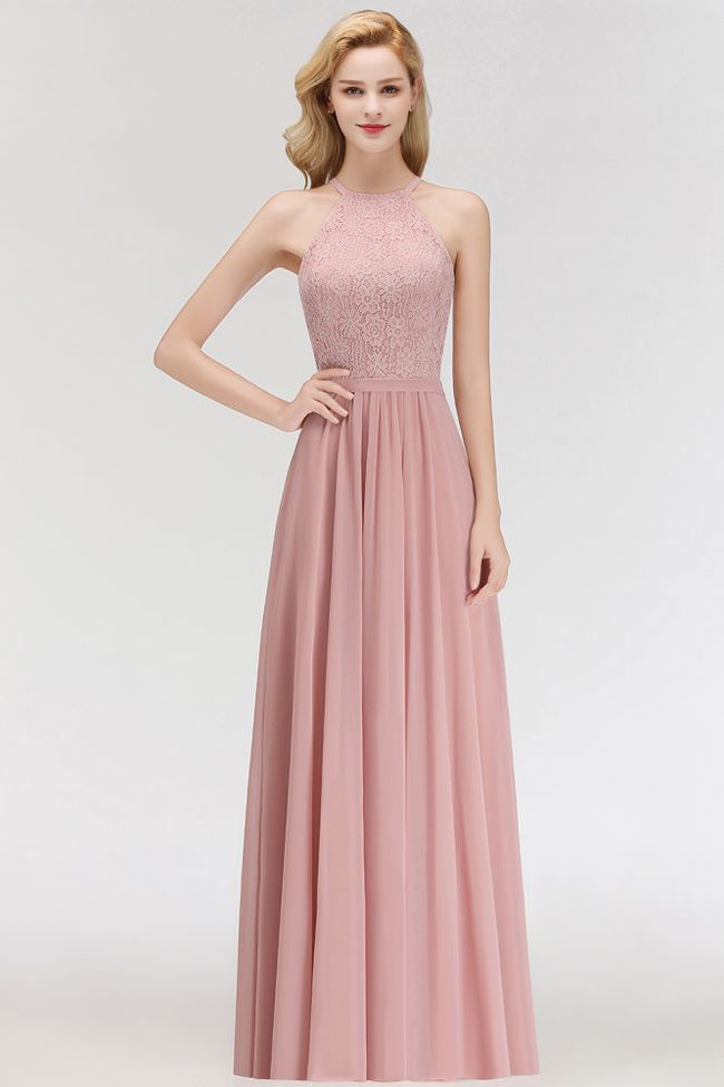 A-line Sleeveless Halter Long Lace Chiffon Bridesmaid Dress Hover Image