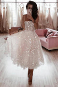 A Line Spaghetti Strap Tea Length Pearl Pink Homecoming Dress With Beading PD349 by pgmdress