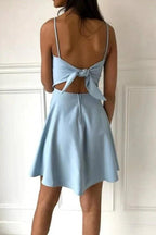 A-Line Spaghetti Straps Above-Knee Light Blue Satin Homecoming Dress PD390 by pgmdress