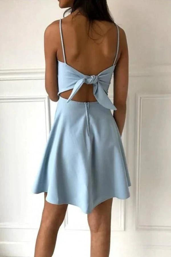 A-Line Spaghetti Straps Above-Knee Light Blue Satin Homecoming Dress PD390 by pgmdress