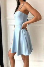 A-Line Spaghetti Straps Above-Knee Light Blue Satin Homecoming Dress PD390 by pgmdress