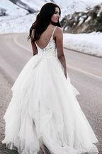 A-Line Spaghetti Straps Asymetrical Wedding Dress with Lace WD236 by pgmdress