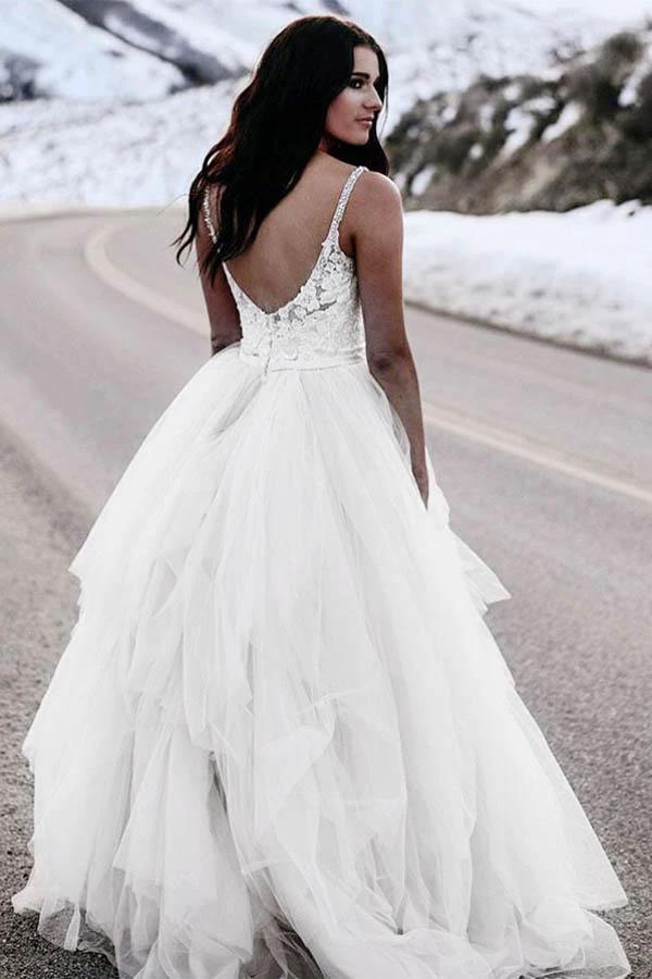 A-Line Spaghetti Straps Asymetrical Wedding Dress with Lace WD236 by pgmdress