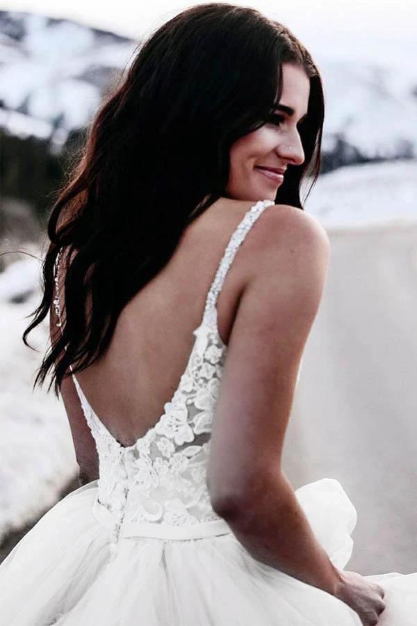 A-Line Spaghetti Straps Asymetrical Wedding Dress with Lace WD236 by pgmdress