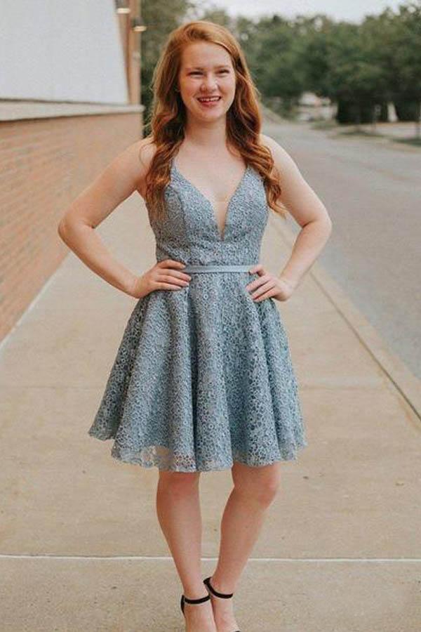 A-Line Spaghetti Straps Backless Above-Knee Blue Lace Homecoming Dress  PD273 Hover Image