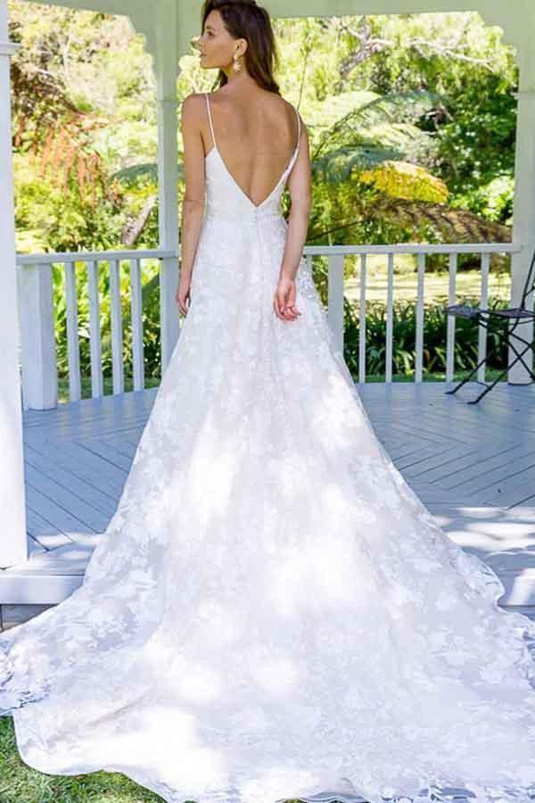 A-Line Spaghetti Straps Backless Long Lace Wedding Dress WD267 by pgmdress
