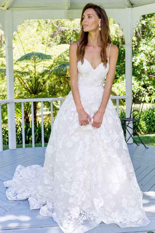 A-Linie Spaghettiträger Rückenfreies Langes Spitzen-Brautkleid WD267