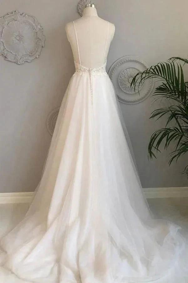 A Line Spaghetti Straps Beach Wedding Dresses Lace Wedding Gowns WD453 by pgmdress
