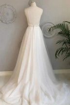 A Line Spaghetti Straps Beach Wedding Dresses Lace Wedding Gowns WD453 by pgmdress