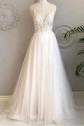 A Line Spaghetti Straps Beach Wedding Dresses Lace Wedding Gowns WD453 by pgmdress