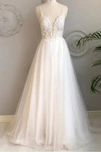 A Line Spaghetti Straps Beach Wedding Dresses Lace Wedding Gowns WD453 by pgmdress
