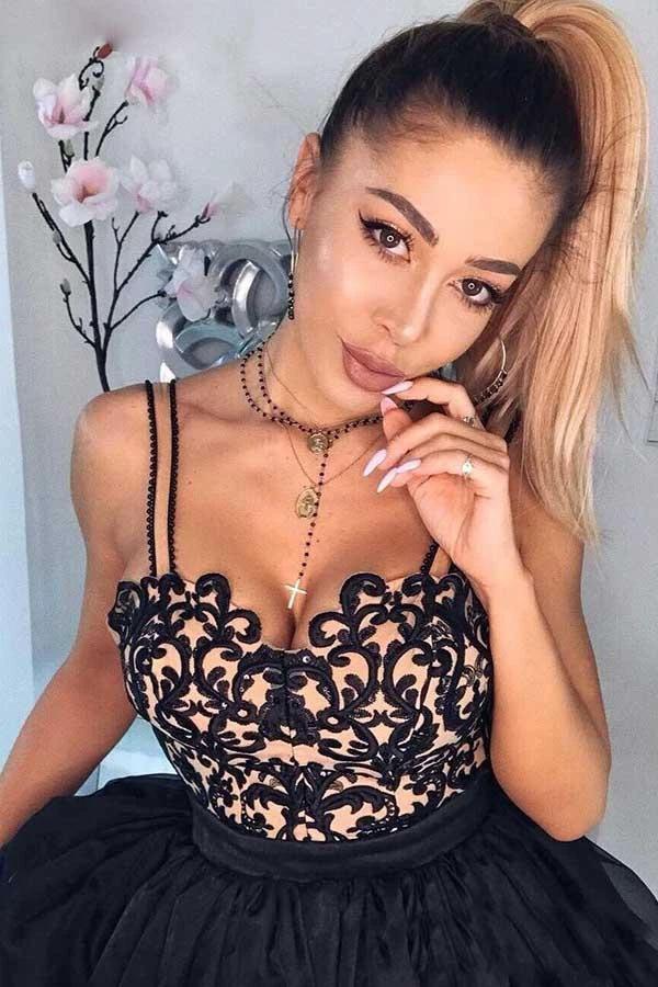 A-Line Spaghetti Straps Black Chiffon Homecoming Dress with Appliques PD068 by pgmdress