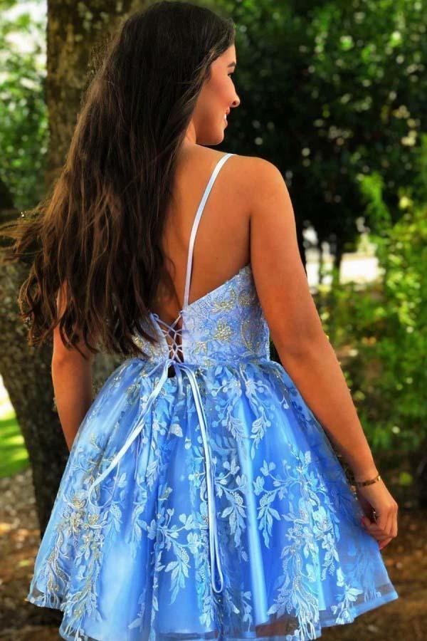 A Line Spaghetti Straps Blue Criss-Cross Homecoming Dress With Appliques PD375 by pgmdress