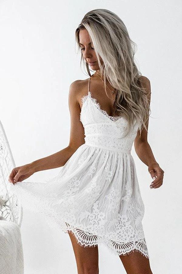 A-Line Spaghetti Straps Criss-Cross Straps White Lace Homecoming Dress PG191 by pgmdress