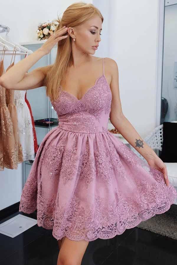 Vestido de Festa de Regresso a Casa com Alças Finas em Linha A e Aplicações PD056