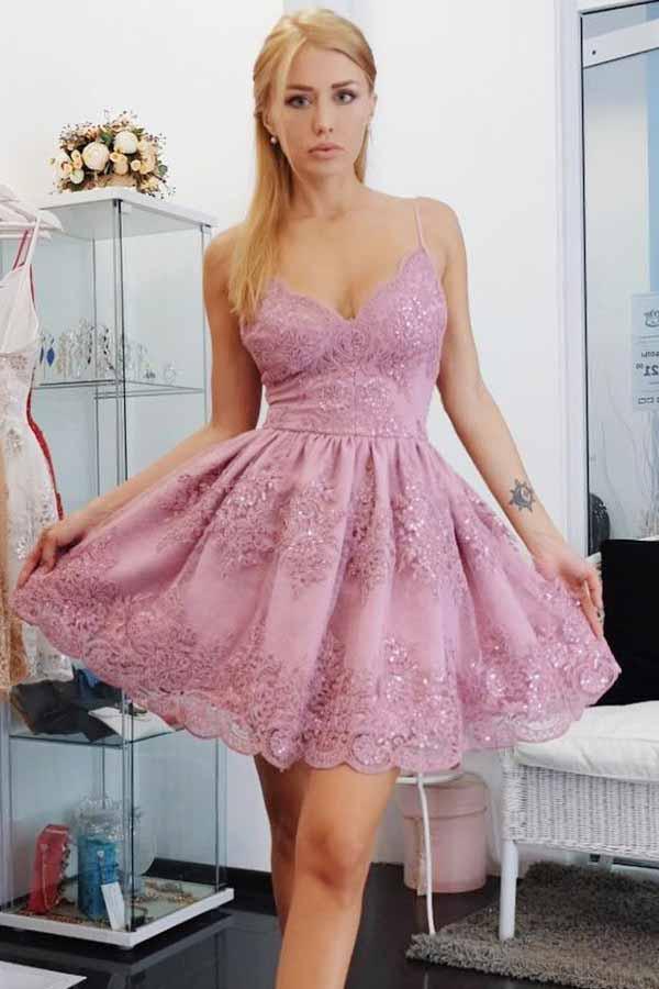 Vestido de Festa de Regresso a Casa com Alças Finas em Linha A e Aplicações PD056