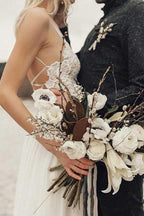 A-Line Spaghetti Straps Long Chiffon Wedding Dress with Lace WD259 by pgmdress