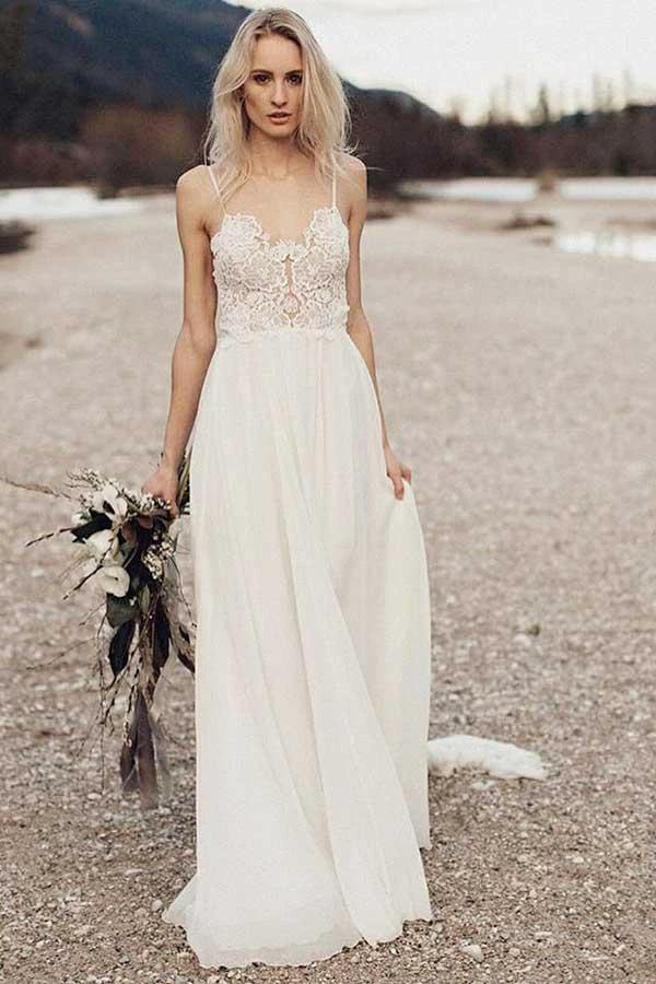 A-Line Spaghetti Straps Long Chiffon Wedding Dress with Lace WD259 by pgmdress