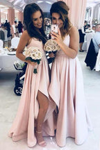 A-Line Spaghetti Straps Low-Cut Pink Satin Bridesmaid Dress with Split BD057 by pgmdress