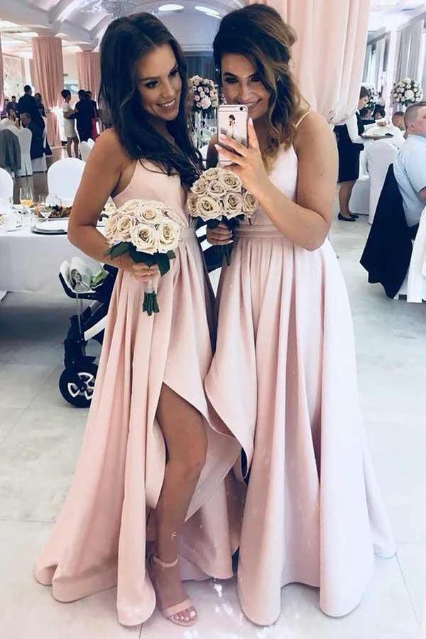 A-Line Spaghetti Straps Low-Cut Pink Satin Bridesmaid Dress with Split BD057 by pgmdress
