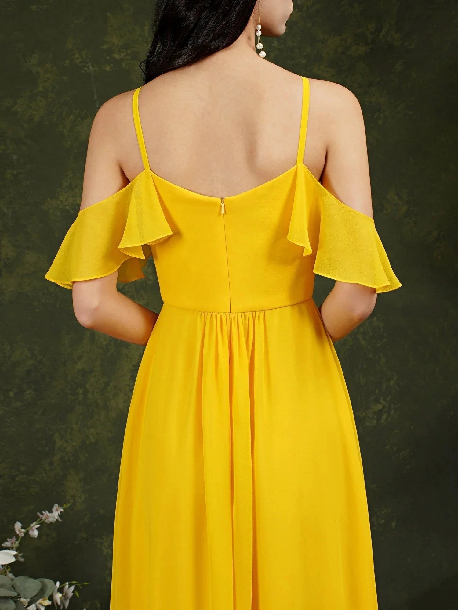 A-Line Spaghetti Straps Off-the-shoulder Ruffles Chiffon Bridesmaid Dress With Pockets by misshow.com