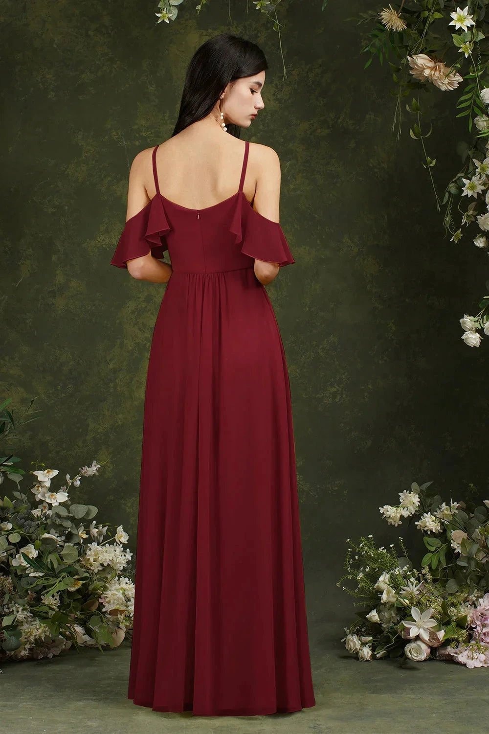 A-Line Spaghetti Straps Off-the-shoulder Ruffles Chiffon Bridesmaid Dress With Pockets by misshow.com