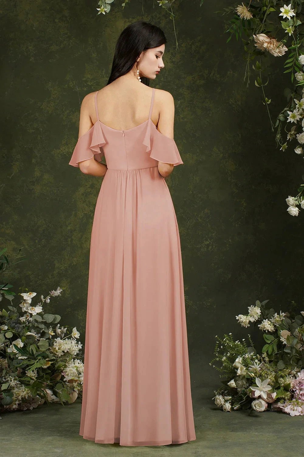A-Line Spaghetti Straps Off-the-shoulder Ruffles Chiffon Bridesmaid Dress With Pockets by misshow.com