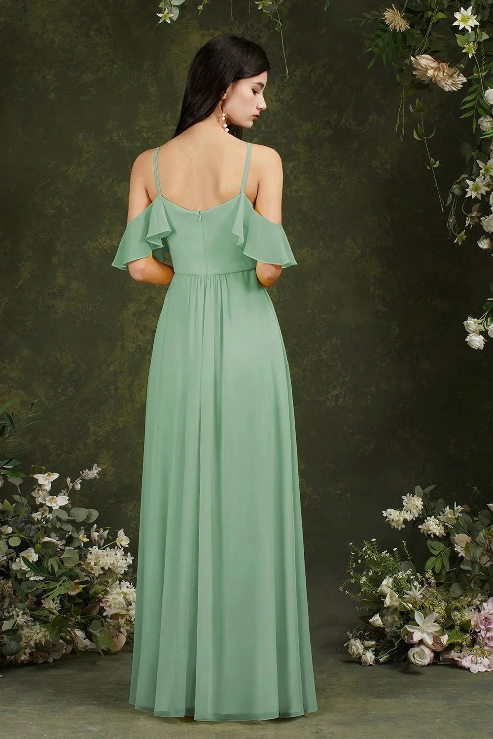 A-Line Spaghetti Straps Off-the-shoulder Ruffles Chiffon Bridesmaid Dress With Pockets by misshow.com