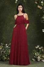 A-Line Spaghetti Straps Off-the-shoulder Ruffles Chiffon Bridesmaid Dress With Pockets by misshow.com