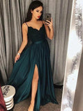 A-Line Spaghetti Straps Sleeveless Floor-Length With Lace Silk like Satin Prom Dresses by misshow.com
