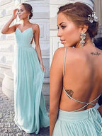 A-Line Spaghetti Straps Sleeveless Floor-Length With Ruched Chiffon Prom Dresses by misshow.com